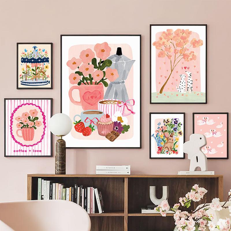 Boho Abstract Vase Flowers Coffee Illustration Wall Art Canvas Painting Animal Poster And Prints Pictures For Living Room Decor