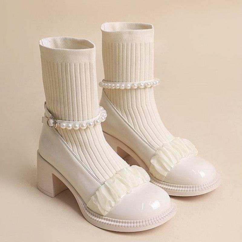 

2024 Новые милые туфли Мэри Джейн с бантом-бабочкой для девочек, осенне-зимние, на платформе, дышащие вязаные женские ботильоны-носки 40 белый