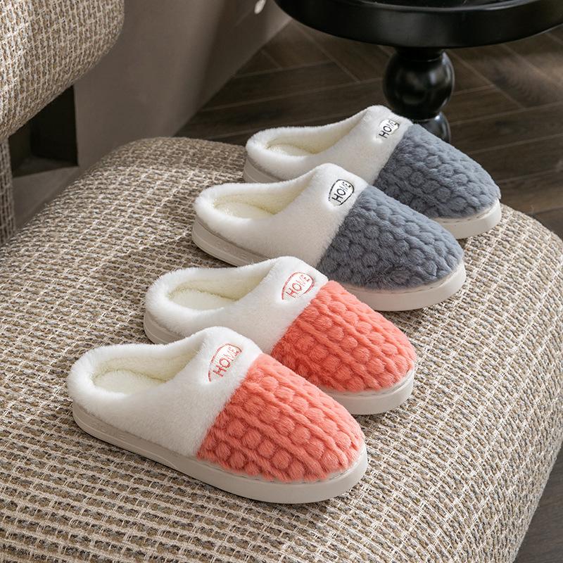 Double color wheat ear cotton slippers 2025 new non-slip thick-soled couple home indoor warm cotton shoes