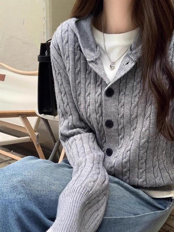 Chic Korean Cable Knit Hooded Cardigan - Women's Versatile Long Sleeve Sweater Coat for Autumn & Winter