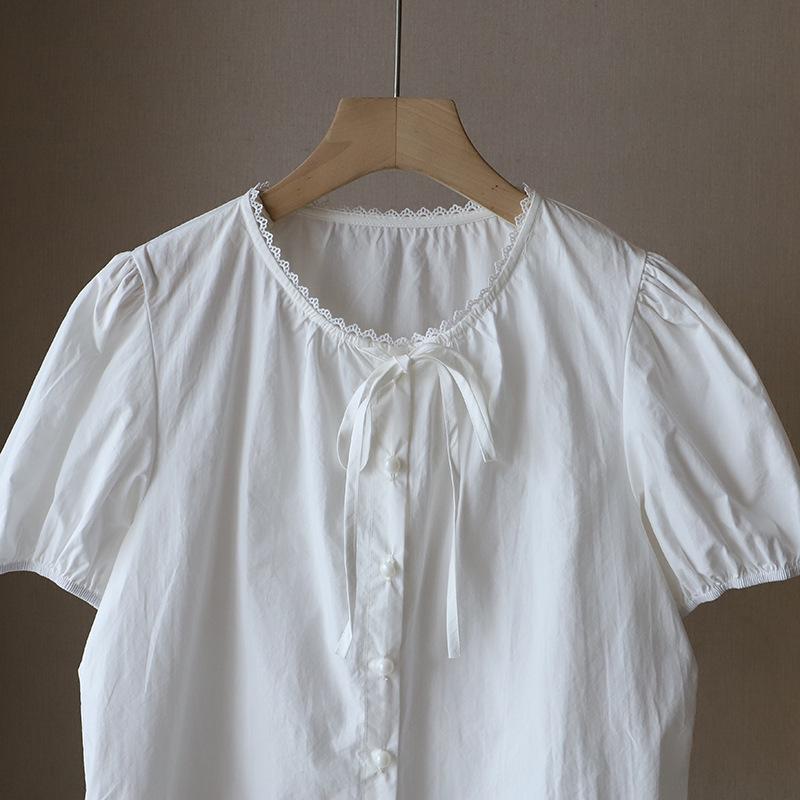 Bi Zheng 2025 Summer Korean Style Lace Patchwork Bubble Sleeve Tie-Up Shirt