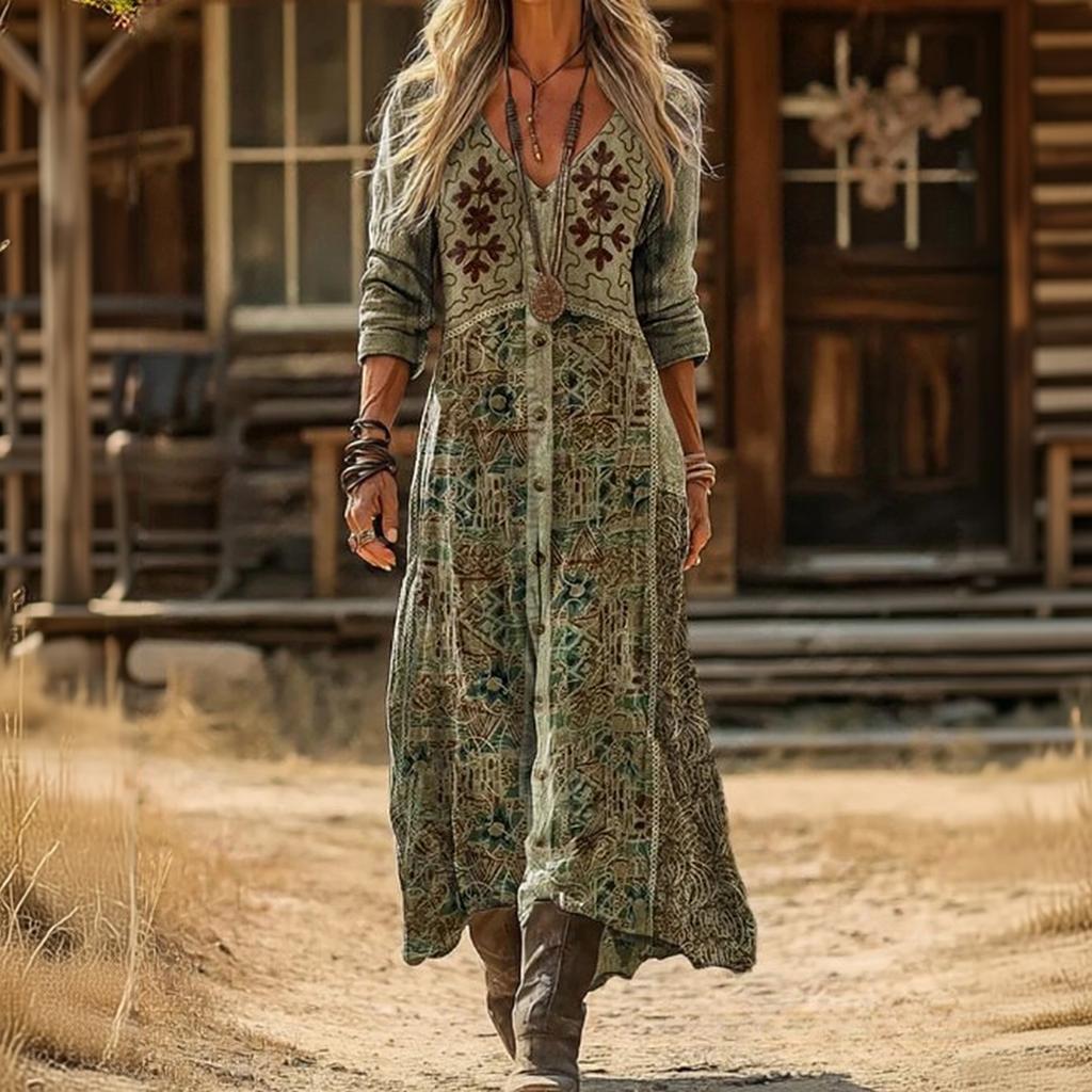 Women's Vintage Ethnic Floral Print Long Sleeve Dress Bohemian Vacation Beach Maxi Dress with V Neck and Relaxed Fit