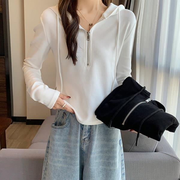 Beige Wool Hooded Sweater: Women's Spring & Autumn 2025 Half-Zip Long-Sleeve Top