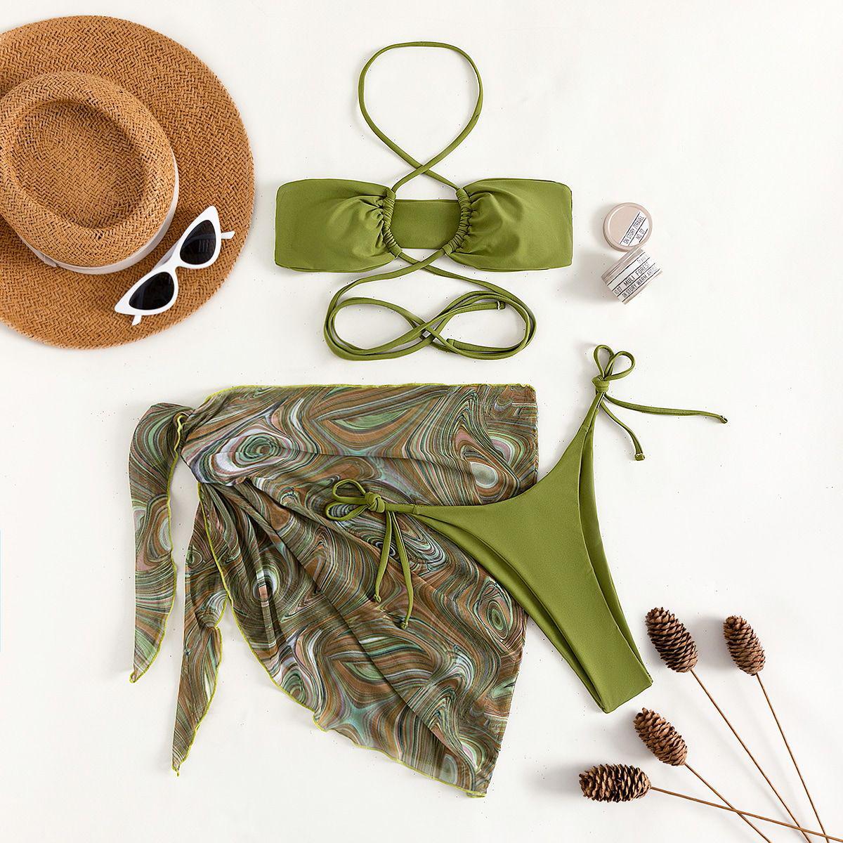 

Женский европейско-американский однотонный облегающий комплект бикини из 3 предметов One Size