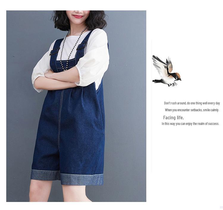 2026 Summer Washed Denim Casual Slimming Plus Size Five-Point Overalls Dress