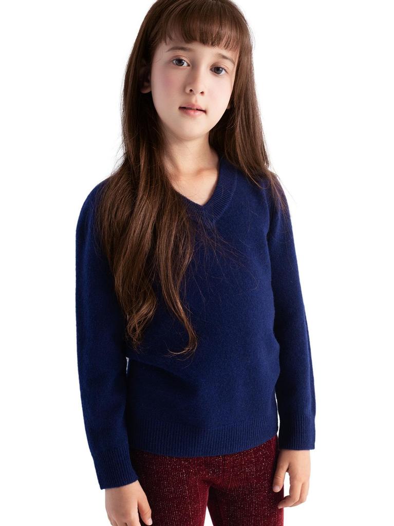 Girls' V-neck Wool Base Layer Sweater - Soft, Warm, Skin-friendly, Solid Color One-Piece Top