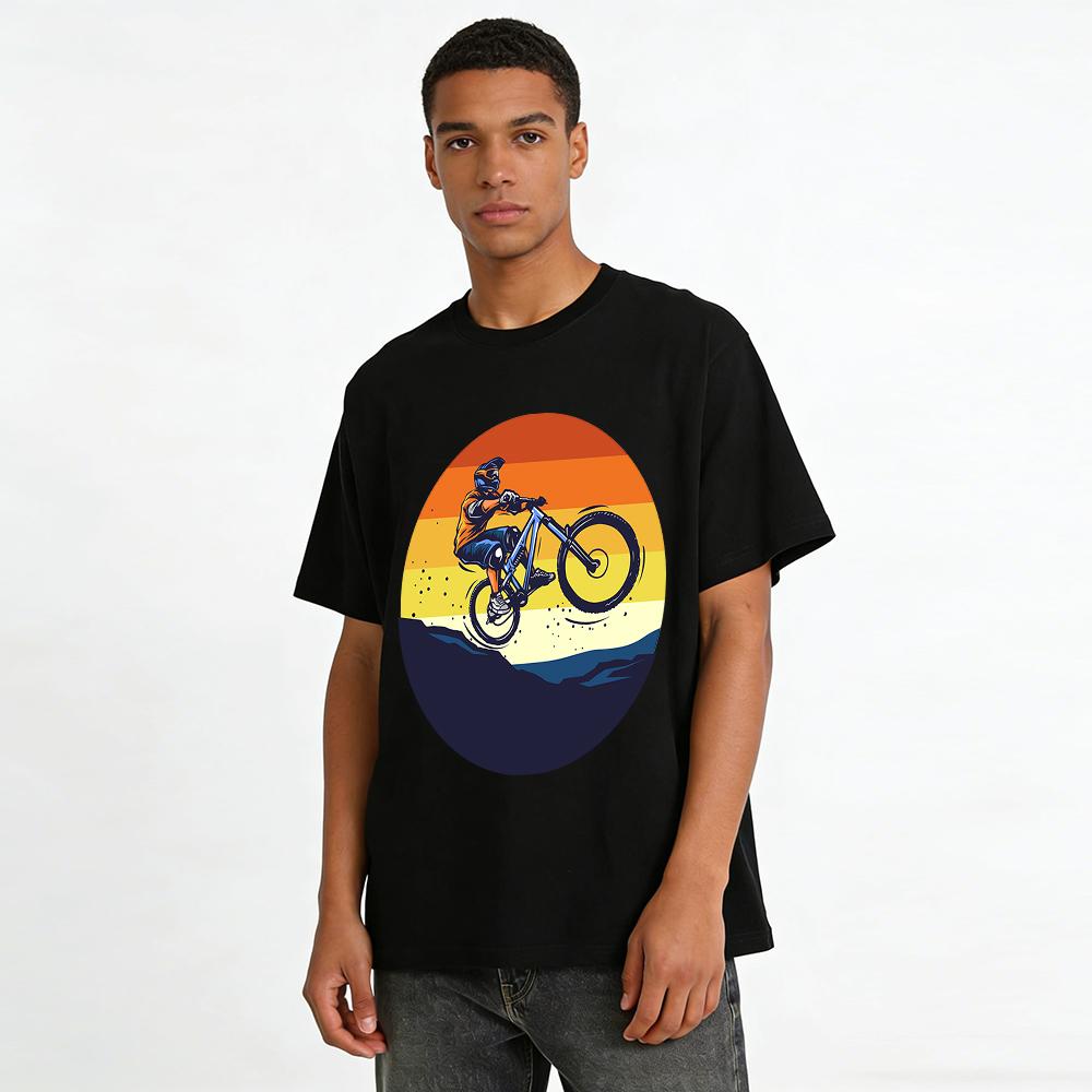 Vintage Mountain Bike Jump Print Outdoor Cycling Enthusiast Casual T-Shirt Pure Cotton T-shirt