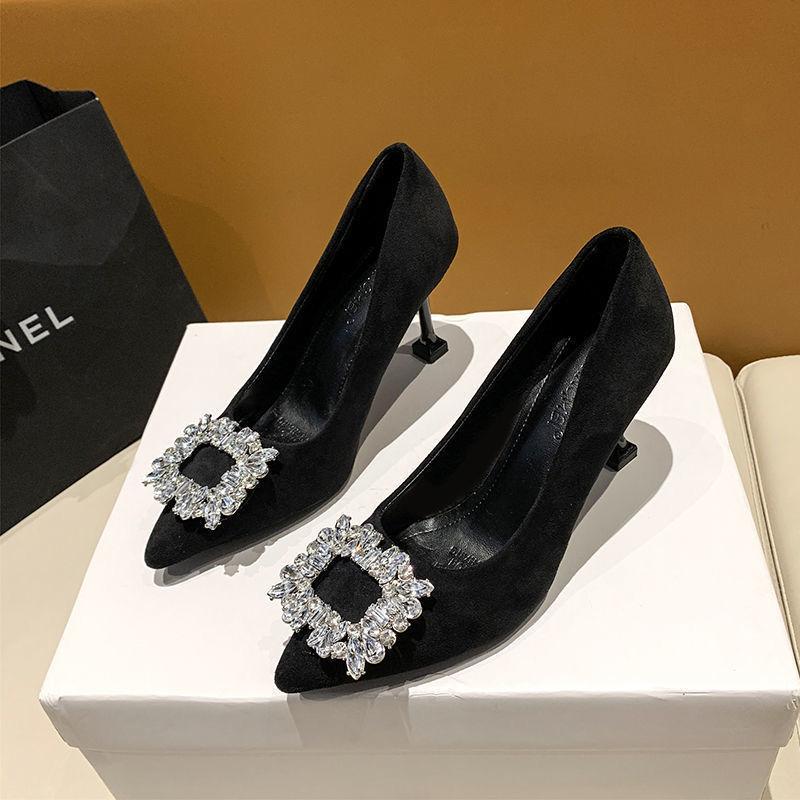 Shallow Mouth Simple Niche Fashion Pointed Design Stiletto High Heels Single Shoes Versatile Square Diamond