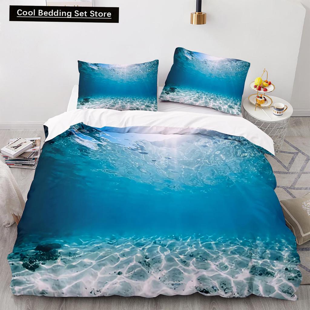Underwater World King Queen Duvet Cover Cartoon Ocean Animal Bedding Set for Kids Fish Coral Sea Life Soft Polyester Quilt Cover