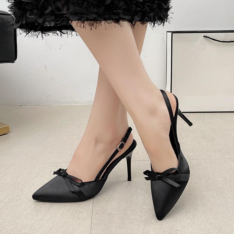 Baotou Stiletto Sandals Fashion Pointed Toe Shallow Mouth Satin Bow Slip Slip High Heels