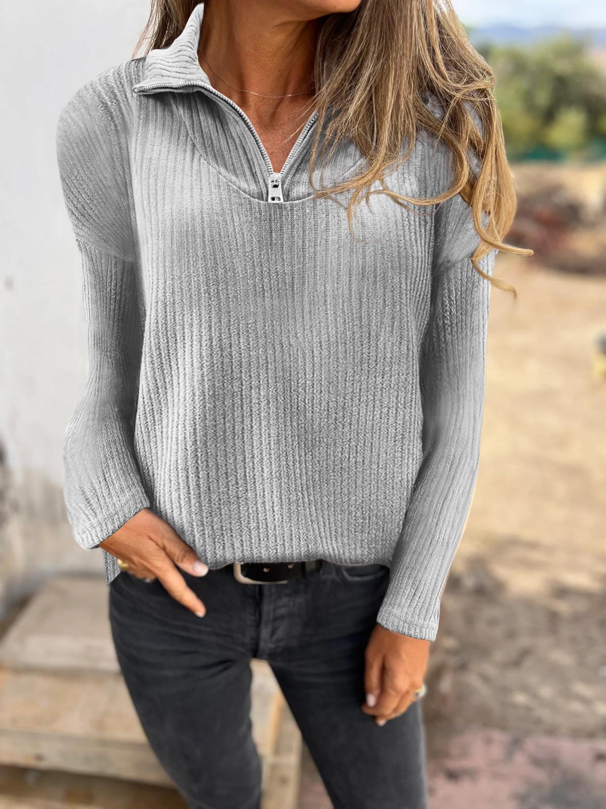 Women s Half Zip Long Sleeve Ribbed Knit Sweater Loose Fit Casual Fall Pullover Top S