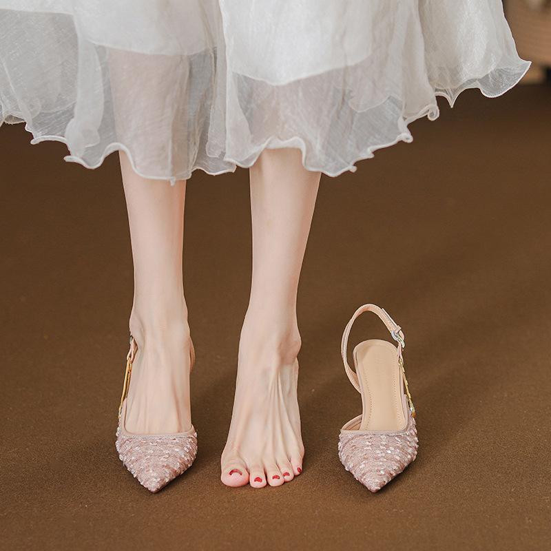 Autumn and summer new French pointed pink rhinestone sequins stiletto light mouth sandals high heels fashion shoes