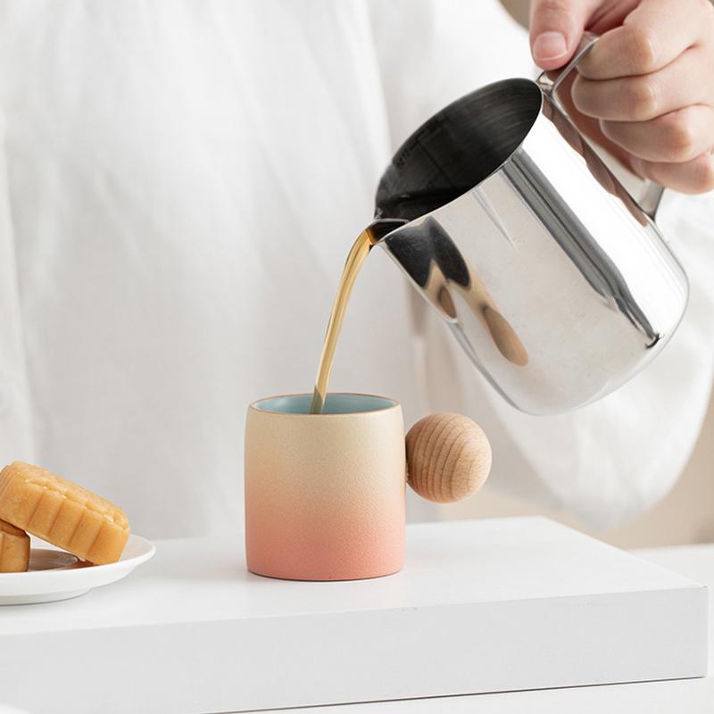 70ml Unikátní Stoare Šálek na čaj s dřevěnou kuličkovou rukojetí, Umělecký keramický hrnek na kávu pro odpolední čaj