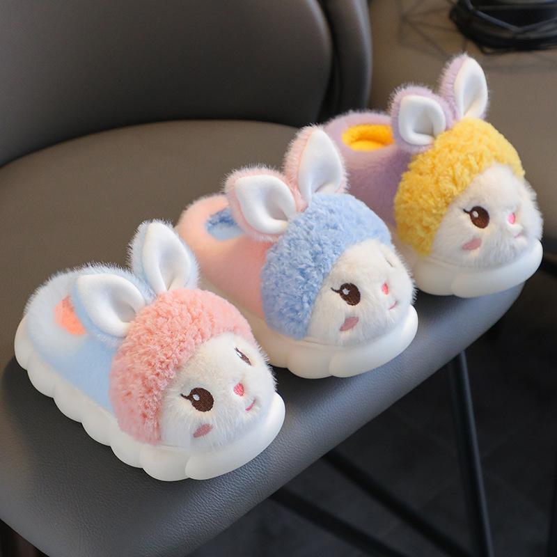 Children's cotton slippers winter velvet thickened warm soft sole non-slip home cartoon cute boy and girl baby parent-child shoes