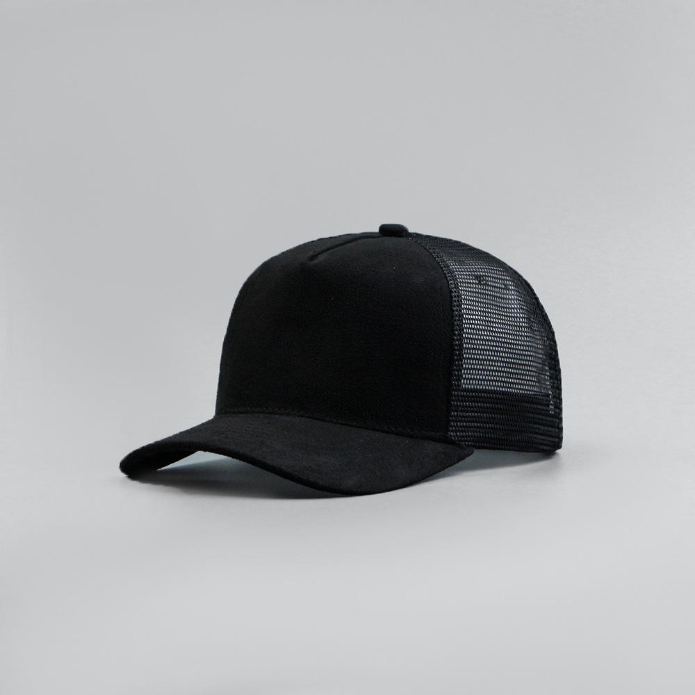 Lederetikett Individuelles Logo Fünf-Panel Wildleder Baseballkappe Herren und Damen Frühling und Sommer Farbkombination Netz Trucker Cap 56-60cm&no logo black