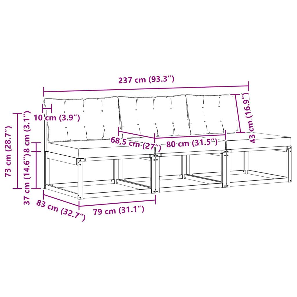 3 Piece Outdoor Center Sofa Solid Acacia Wood Frame and Textilene