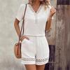 Completo Donna Moda Pizzo Scollo a V Patchwork Manica Corta Casual Ampio Abbigliamento da Casa Set da 2 Pezzi Pantaloncini da Spiaggia per Vacanze
