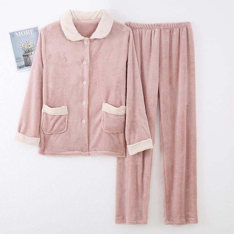 Par Förtjockad Korallfleece Hemkläder Höst Vinter Dam Flanell Pyjamas Herr Enfärgad Sovkläder Lös Loungekläder