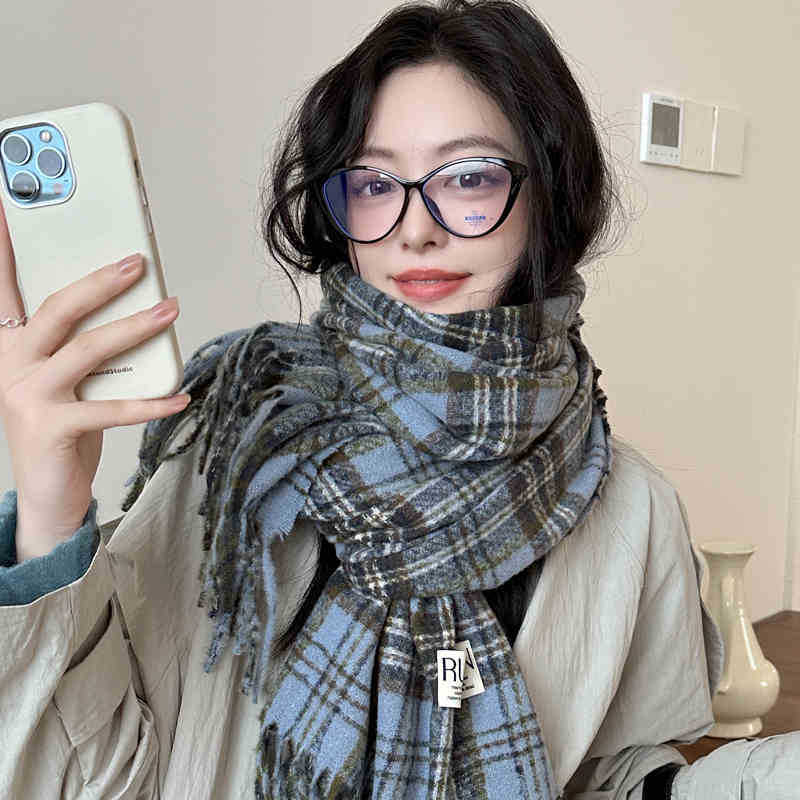 

Шарф в клетку Майяра, женский, сезонный, утолщенный, теплый, шаль двойного назначения, однотонный, для студентов, воротник-нагрудник синий