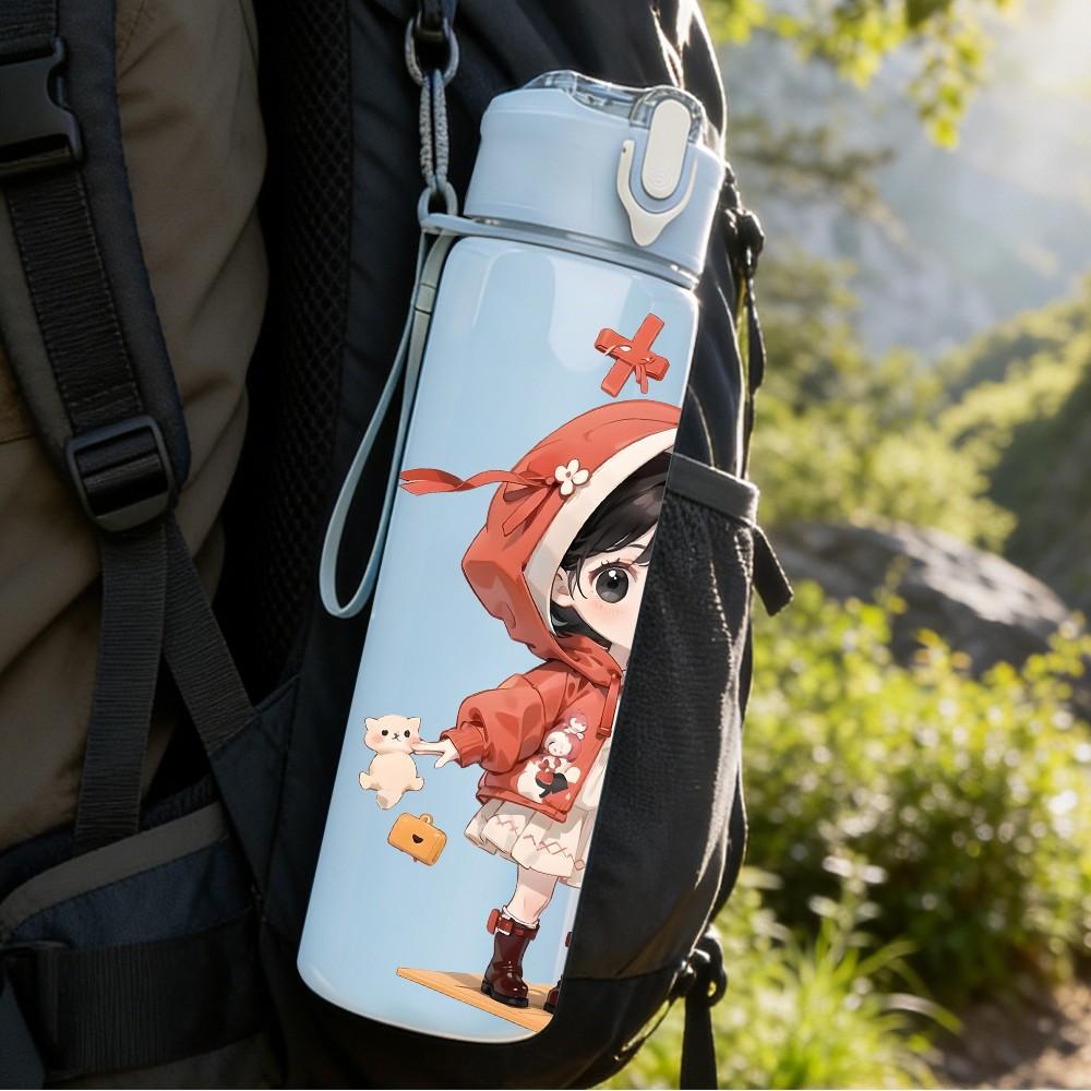 1PC Red Hood Little Girl Winter Style Pattern 750ml Color Plastic Sports Water Bottle Leakproof Flip Straw Lid Suitable for Sports Office Home Use