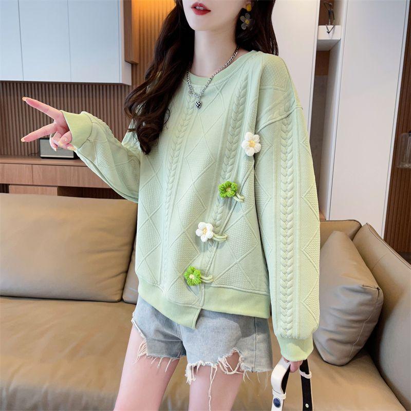 Women Clothing Korean Fashion 3D Flower Asymmetrical Sweet Chic Sweatshirt Casual Streetwear O Neck Long Sleeve Loose Solid Tops