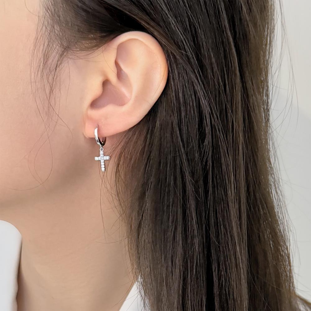 Dylam Jewelry Dainty S925 Silver 5A Cubic Zirconia Tiny Religious Cross Pendant Hoop Earrings for Women Daily Wear Jewel