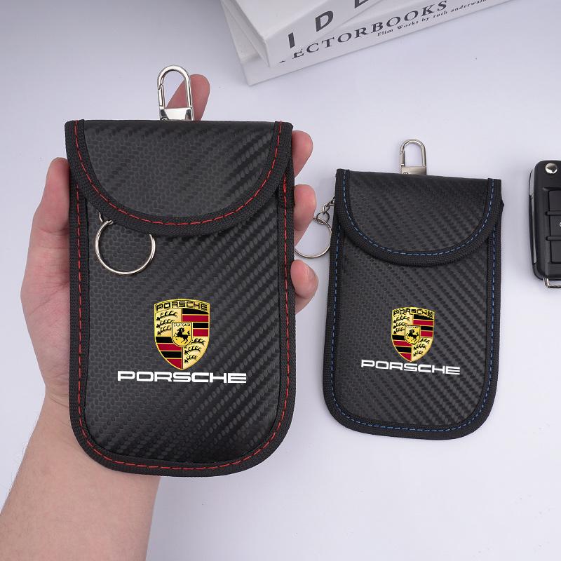 AFEBO1 For Porsche Panamera Cayenne Taycan 911 718 Macan Carrera-GT 928 944 968 Leather Car KeyCase Signal Blocker Bag Shielding Pocket