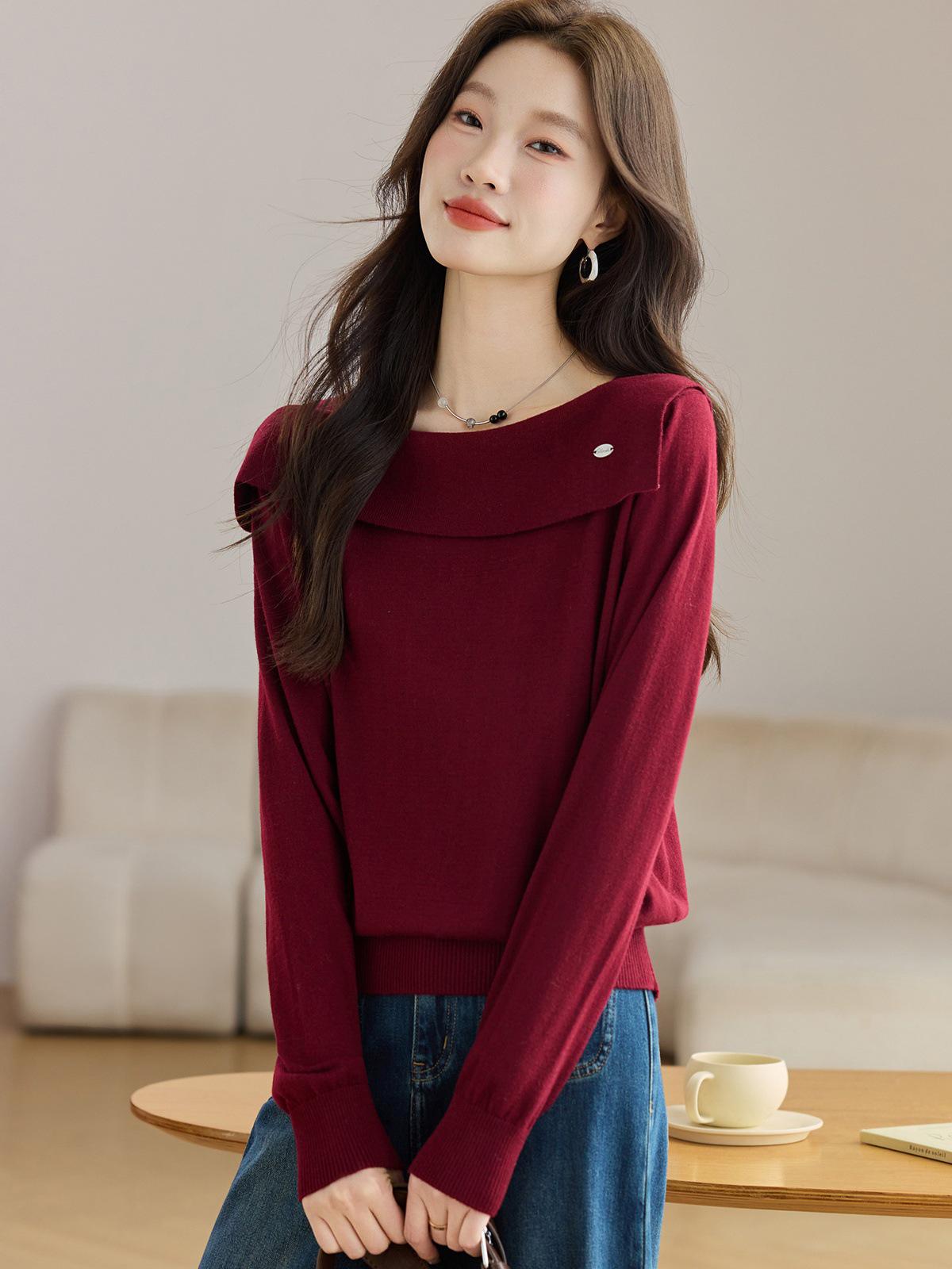 

Women s Autumn 2025 One-Shoulder Knitted Sweater Long-Sleeve Slimming T-Shirt M 99-110 lbs красный