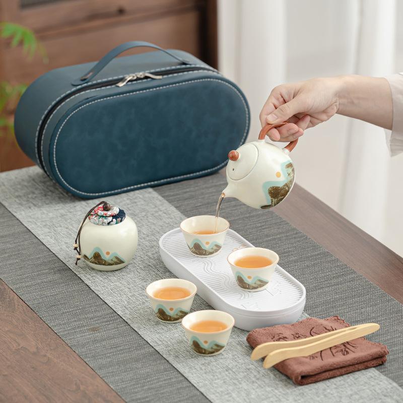 Light Luxury Qingshan Travel Tea Set, Flowering Ru Kiln Kung Fu, a Pot of Four Cups, Portable Outdoor Tea
