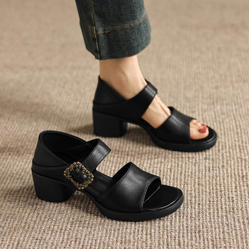 Krazing Pot Microfiber Fashion Thick Med Heels Peep Toe Shoes Metal Buckle Summer Size 43 Size 42 Platform Women Sandals
