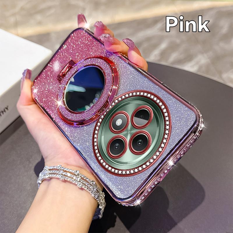 KEYSION Luxury Glitter Jewelled Magnetic Phone Case for OPPO Reno12 F 5G Makeup Mirror Stand Shockproof Cover for OPPO Reno 12F