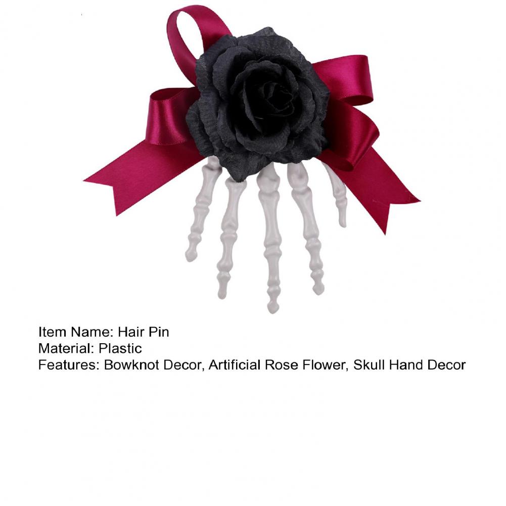 Halloween Hair Pin Skeleton Hand Frame Artificial Rose Flower Bow Decoration Hair Clip Dark Horror Style Hairpin