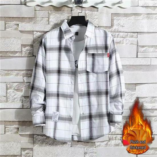Men's Slim-Fit Fleece-Lined Plaid Button-Down Shirt - Korean Style Warm Casual Top