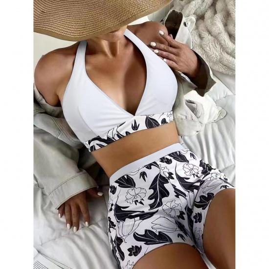 Swimsuit Women's Deep V Neck Split High Waist Flat Angle Lace Up Print Solid Color Swimwear
