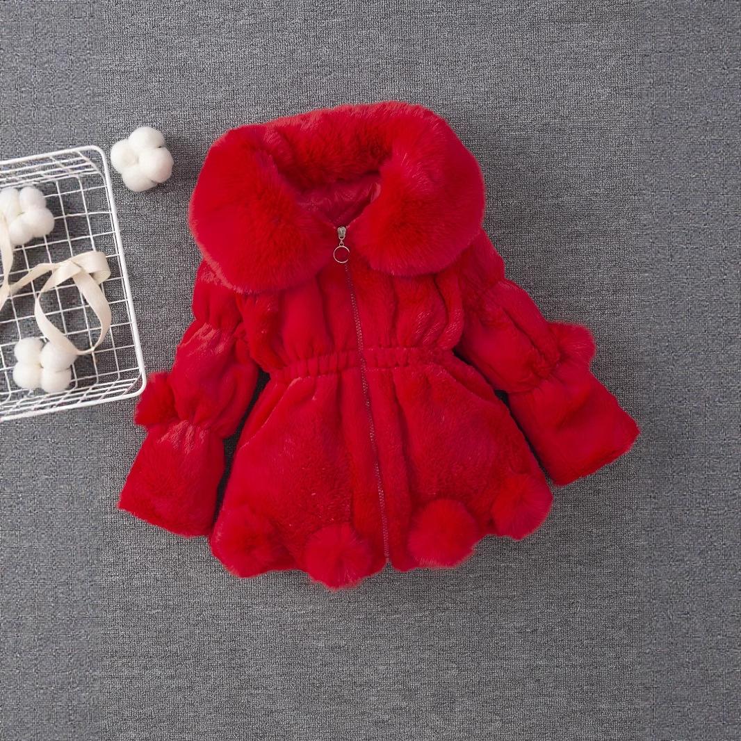 

Детский Девочки Осень Зима Шерстяной Свитер Детский Воротник Меховой Помпон Толстая Куртка 80cm красный