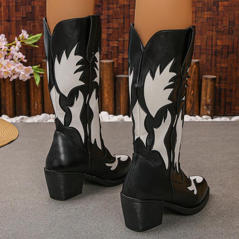 Fashion Women's Western Cowboy Boots Pointed Toe Chunky Heel Mid Calf Botas Mujer 2025 Autumn Winter PU Leather Riding Boots Plus Size