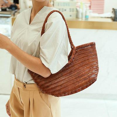 Vintage European & American Genuine Leather Handmade Herringbone Woven Handbag Basket