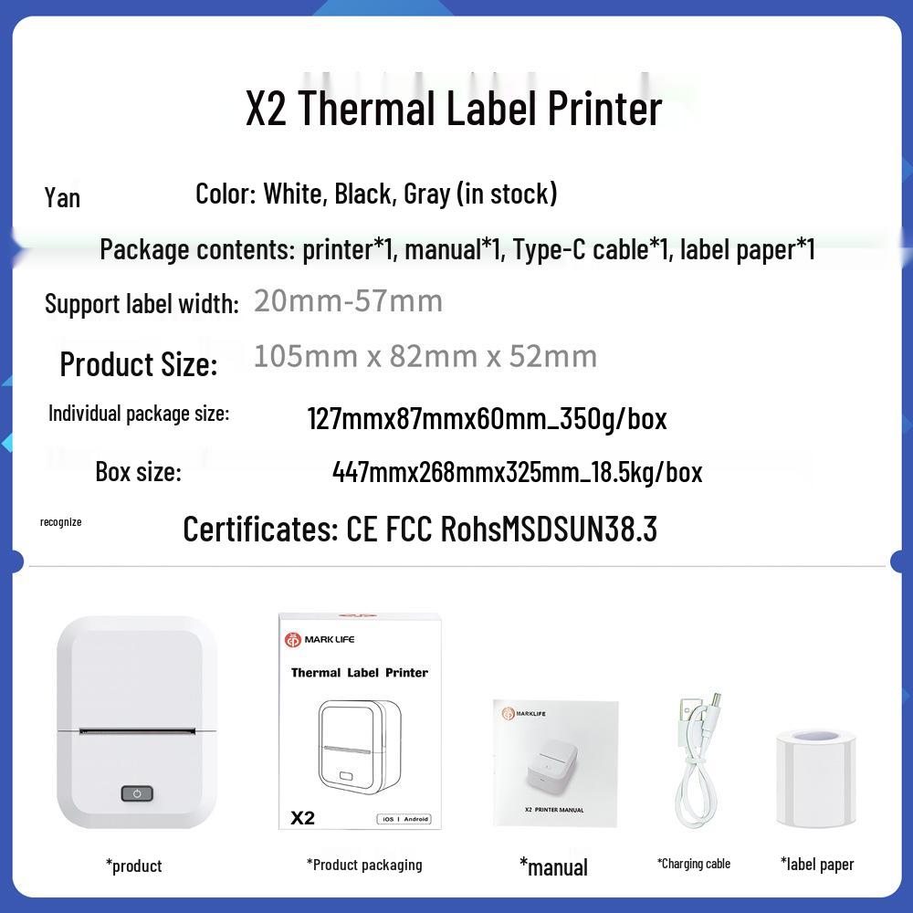 X2 Dual-Mode Inkless Thermal Label Printer for Computer & Mobile, Bluetooth QR Code Capable