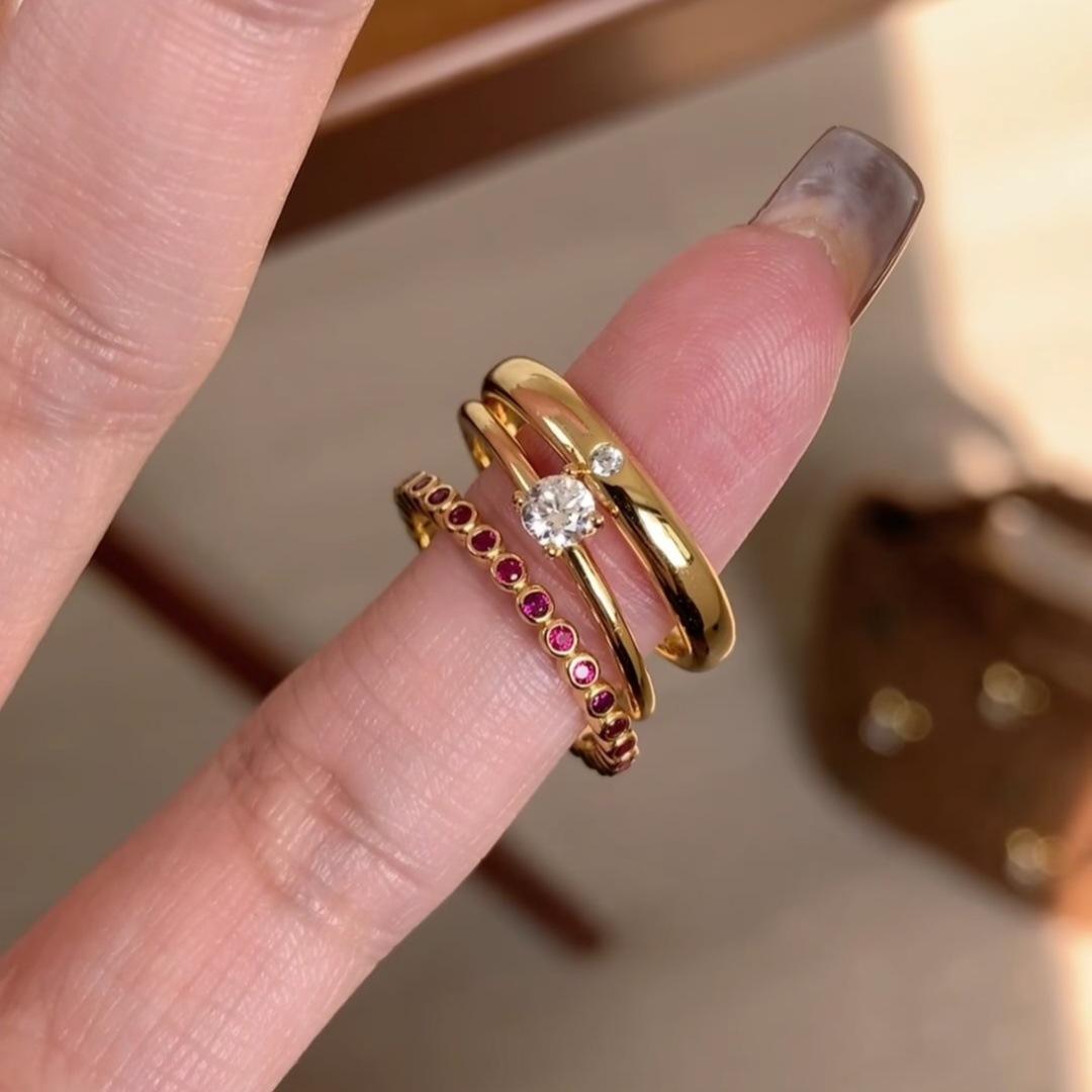 

Three-Piece Suit~Delicate red diamond ring with dot diamonds, plain gold ring for women, sparkling diamonds, niche high-end style, stackable ruby Adjustable Opening