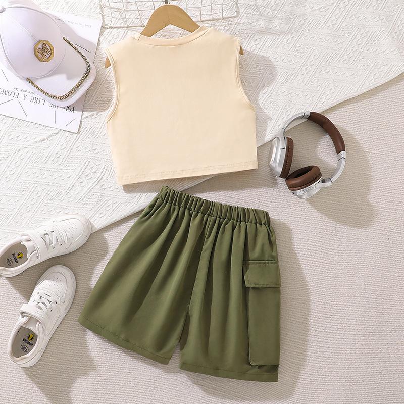 Girls Fashion Set 2025 Summer Kids Music Rock Style Sleeveless Vest Casual Shorts Set