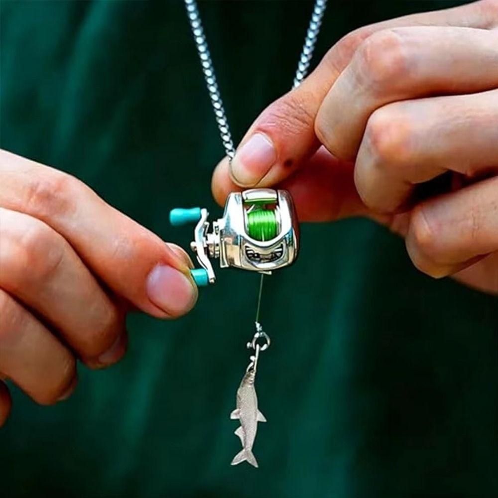 Luxury Fishing Reel Necklace Rotatable Men Neck Pendant Fishing Reel Ring Versatile Jewelry