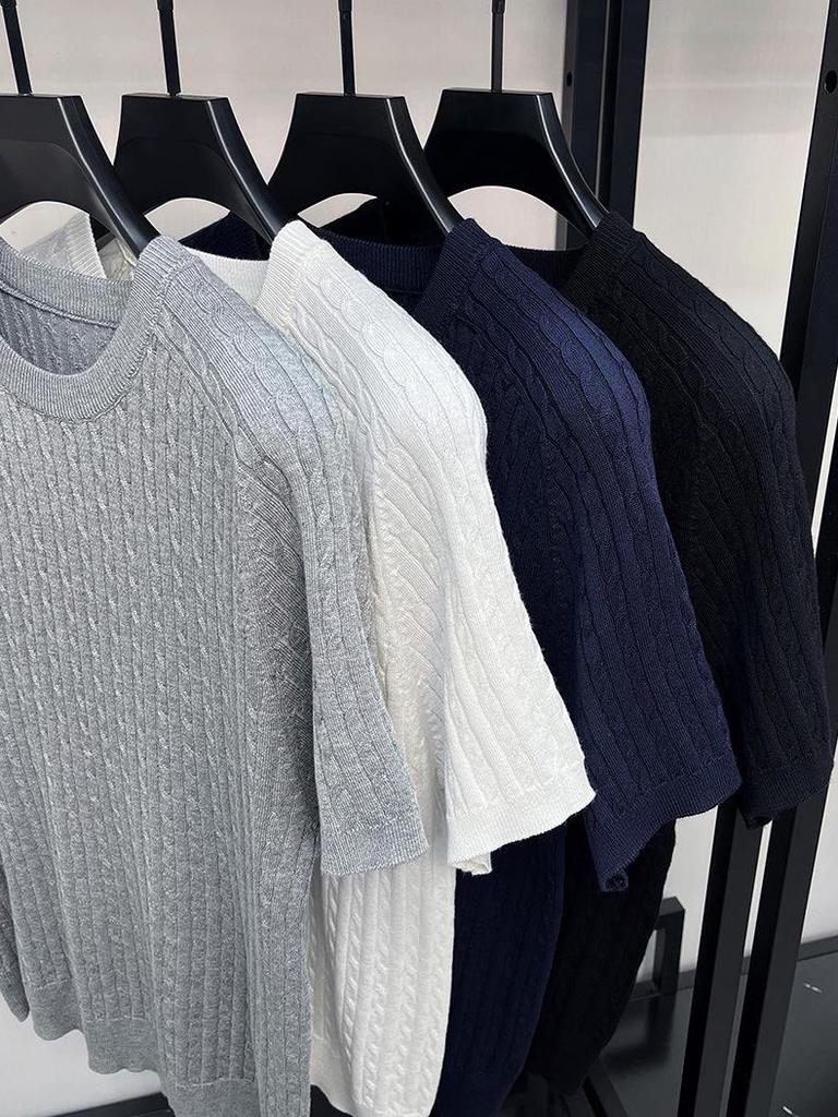 Men's Casual Loose Fit Round Neck Short Sleeve Knit T-shirt - Spring/Summer Solid Color Pullover