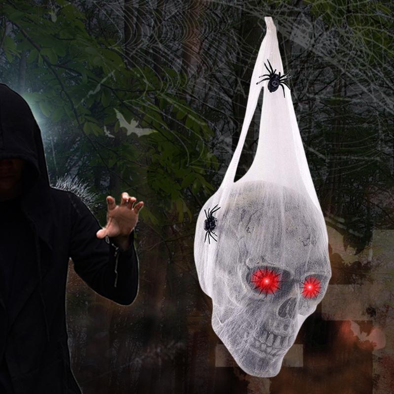 Spooky Halloween Yard Decors Spooky Halloween Party Accessory Skull Ornament with Cobweb and Sound Interaction