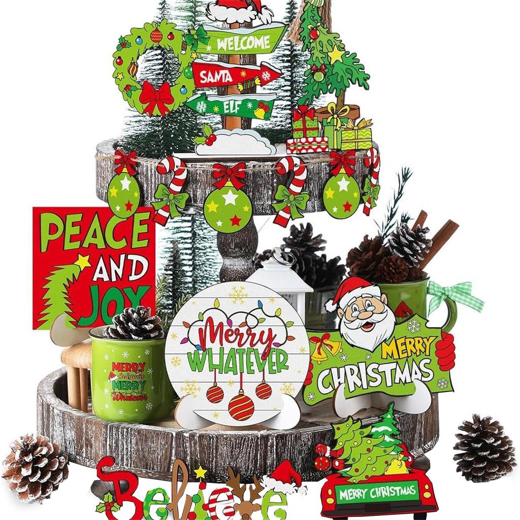 Christmas Decoration For Tiered Tray Christmas Table Sign Decor Tabletop Wooden Indoor Winter Farm-house Home Party House Shelf Decoration