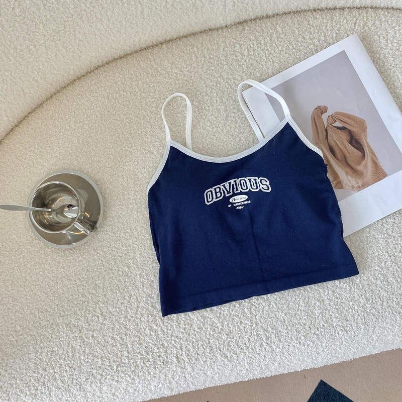 Early Autumn Korean Version of All Short Strap Top Tide Patchwork Color Printed Letters Sleeveless Knitted Small Vest Woman