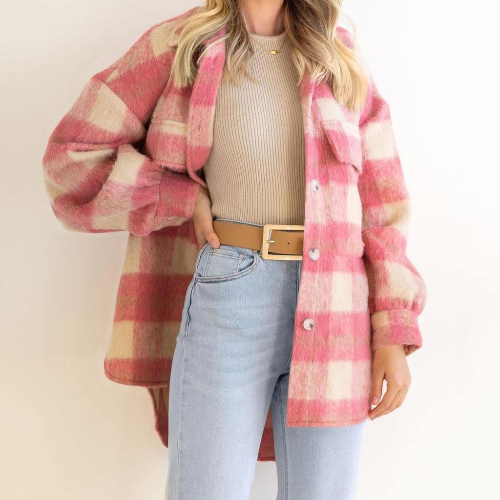 Mode Frauen Kragen Hals Langarm Übergroßen Plaid Casual Tops Shacket Mantel