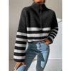 Loose Sweater Women Long Flare Sleeve Striped Zipper Stand Collar Knit Autumn Winter Thicken Warm Pullover