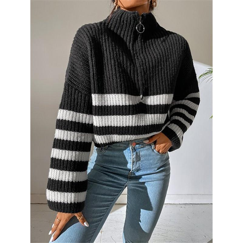 Loose Sweater Women Long Flare Sleeve Striped Zipper Stand Collar Knit Autumn Winter Thicken Warm Pullover
