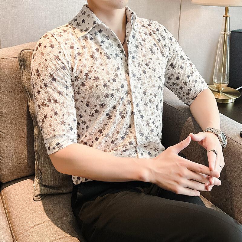 2025 Summer Mens Business Office Shirts Men Casual Short Sleeve Shirt Male Slim Fit Flower Print Shirts Man Fashion Dress Shirt