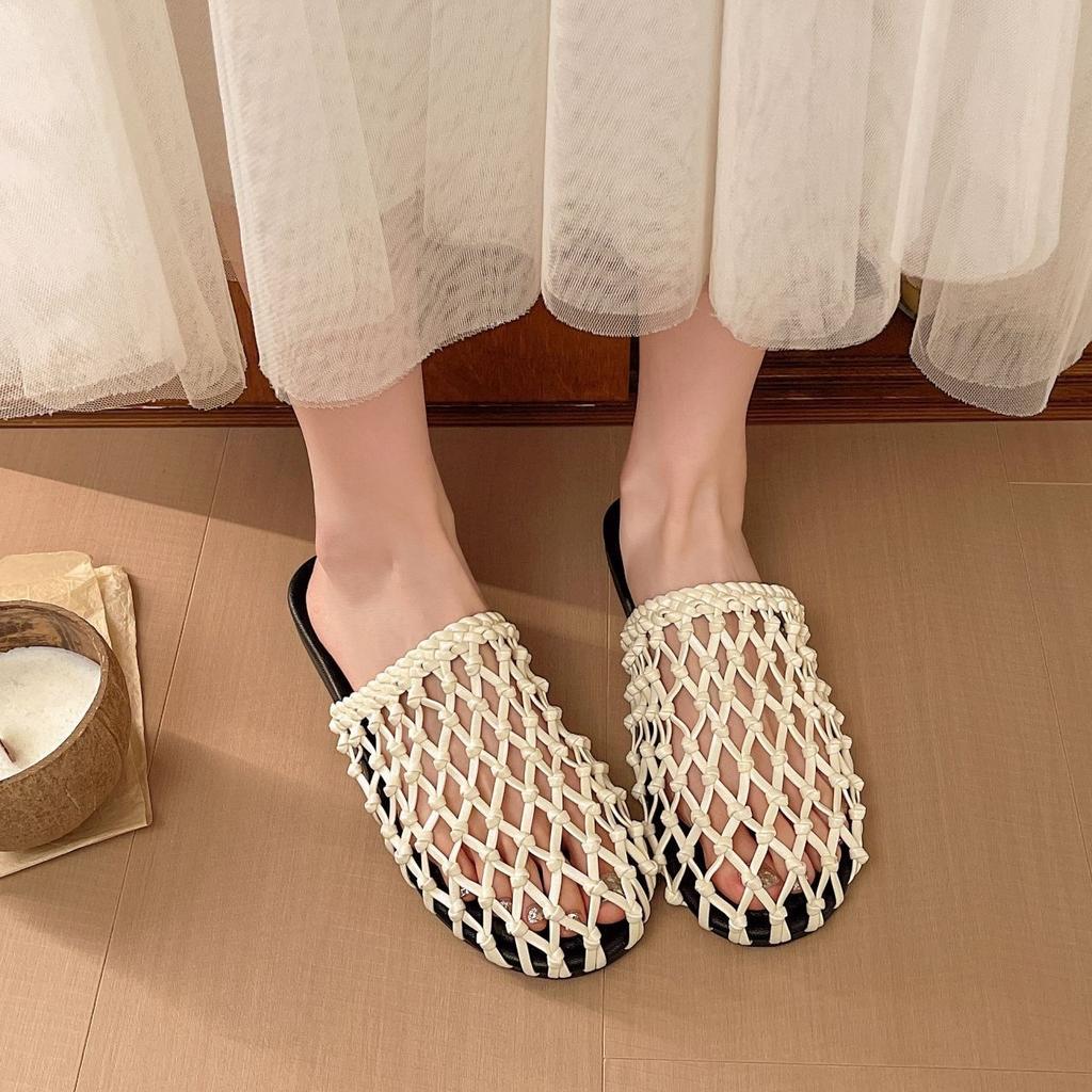 Woven Hollow Cool Slippers Women'S Summer Wear Super Fire Fashion Fishing Net Shoes Bag Head Half Slippers